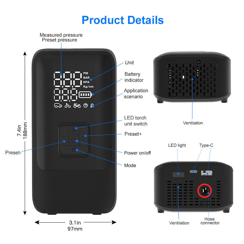 SH03 Portable Smart Air Pump Dual-Cylinder Tire Inflator with Power Bank Function SH03 Portable Smart Air Pump Dual-Cylinder Tire Inflator with Power Bank Function